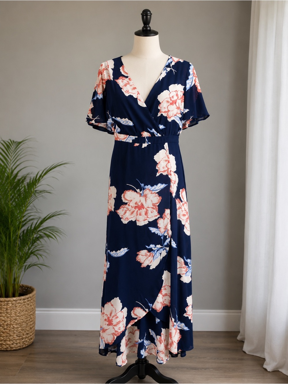 Luxology Navy Floral Wrap Maxi with Blush and Cream Blooms